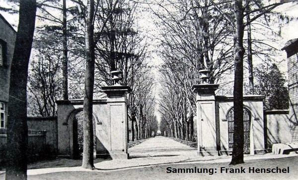 Blick von der Frankfurter Straße zum Eingang des Alten Friedhofs (heute Stadtpark Mitte)